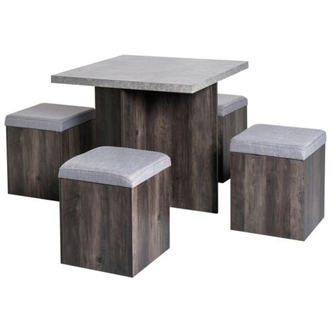 5PC Dining Set Garden Patio Wooden Set 4 Storage Stools Footrest Ottoman with Cushions + 1 Table Space Saving Design Indoor Outdoor