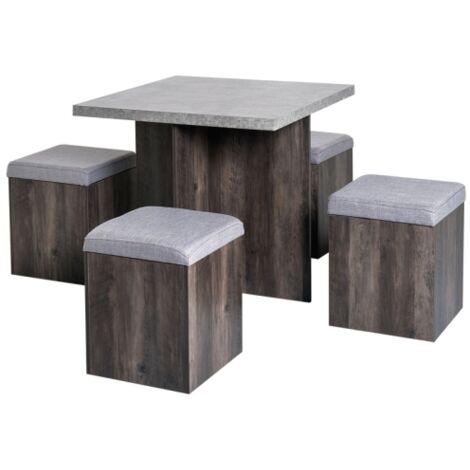 5PC Dining Set Garden Patio Wooden Set 4 Storage Stools Footrest Ottoman with Cushions + 1 Table Space Saving Design Indoor Outdoor