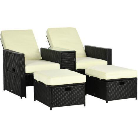 5PC PE Rattan Sun Lounger, Outdoor Wicker 5-level Adjustable Recliner Sofa Bed with Storage Side Table and Footstools, for Patio, Garden, Poolside, Black