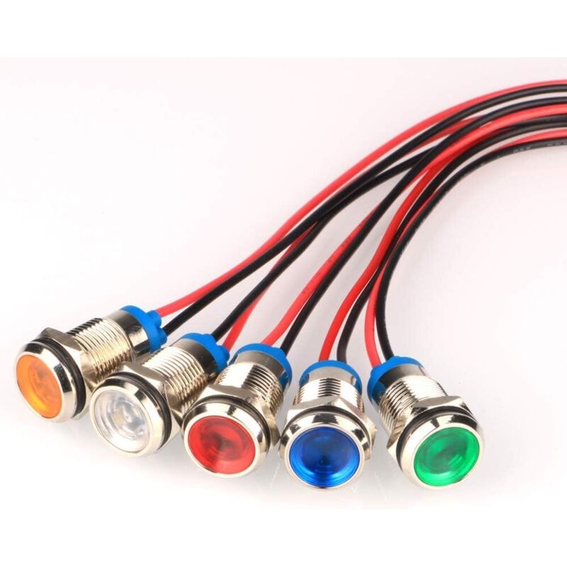 5Pcs 10mm AC/DC 12-24V LED Métal Indicateur Lumière éTanche Signal Lampe Pilote Tableau de Bord Directionnel Voiture Camion Bateau avec Fil