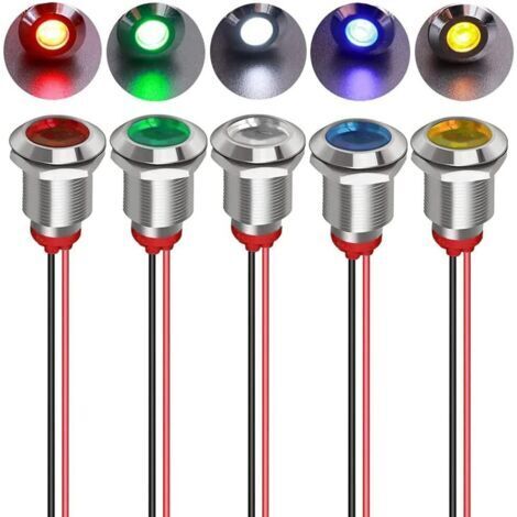 5pcs 12mm 12/24VDC LED Métal Indicateur - Lumière éTanche Signal Lampe Pilote Tableau de Bord Directionnel avec Fil