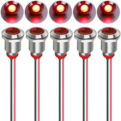 5pcs 12mm 12/24VDC LED Métal Indicateur - Lumière éTanche Signal Lampe Pilote Tableau de Bord Directionnel avec Fil(Rouge)