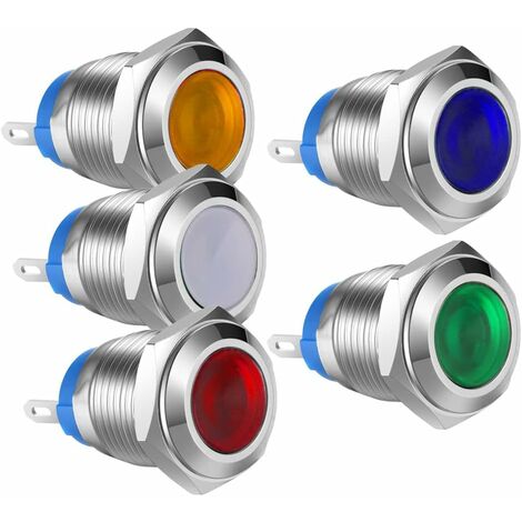 5pcs 12V-24VDC 12mm LED Voyant Lumineux en Acier Inoxydable Voyant Imperméable à Eau(5 Couleurs)