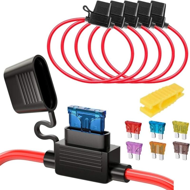 Image of 5pcs 16AWG Sicherungshalter mit Draht für kfz lkw, 32V 20A Inline Flachsicherung Wasserdicht Halter, mit 6-teiligen Standard Mittel Flachsicherungen