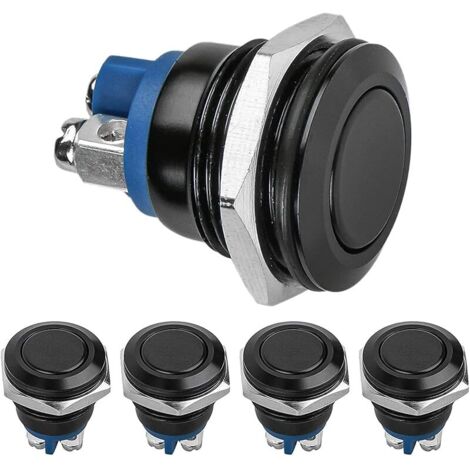 5pcs 16mm 5/8 "Interrupteur à bouton-poussoir momentané en métal, Interrupteur à bouton rond marine étanche SPDT avec voyant bleu à LED pour bateau de camion de camping-car - Coque noire