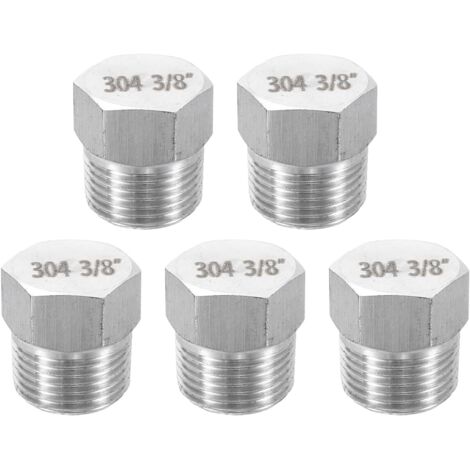 5Pcs 304 Inox Acier Tuyau Bouchon Raccord 3/8" PT Mâle Filetage Extérieur Hex Tête Capuchon Hexagonal Bonde Bouchons Raccords pour Air Eau Huile Gaz Tube -