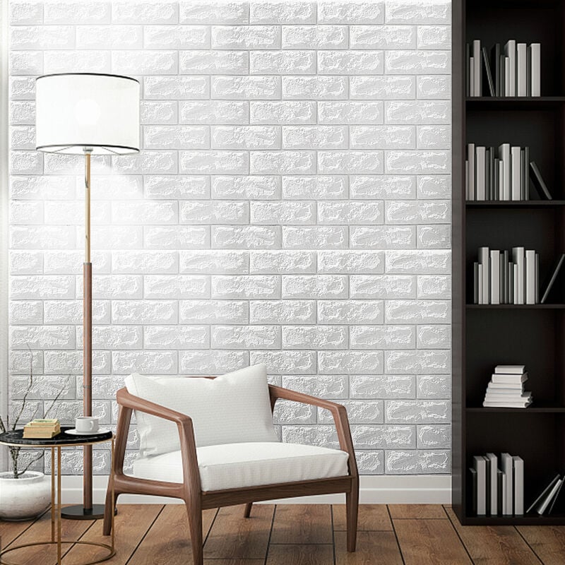 

5PCS 3D Wall Decal Sticker - Papel pintado impermeable de espuma de ladrillo DIY - 70x77CM - Blanco Mohoo