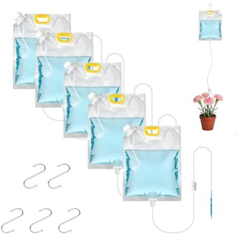 5PCS 5 L Sac Darrosage Automatique Kit, Sacs D'irrigation Goutte à pour Plantes, avec Commande Réglable et S Crochets, Systeme Arrosage Automatique, Plante Irrigation Jardin Vacances -