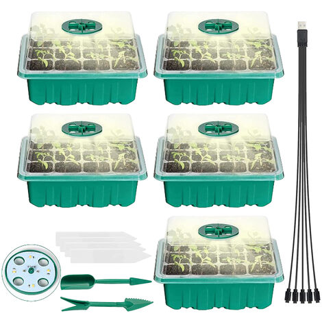 5PCS Bandeja de inicio de semillas de plantas con luces de crecimiento para plantar semillas 60 células de plántulas Kit de inicio de plantas orgánicas con 5 etiquetas 2 herramienta de trasplante (ver