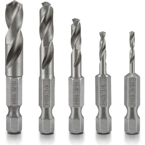 5pcs Coffret de Forets à Métaux 1/4" Hexagonale Changement Rapide Court Mèche HSS Forets Hélicoïdaux pour Bois, Plastique et Métal Tendres pour Renvoi d'Angle
