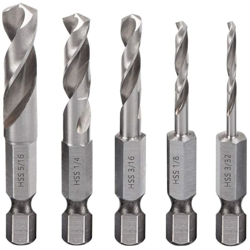 5pcs Coffret de Forets à Métaux 1/4' Hexagonale Changement Rapide Court Mèche HSS M2 Forets Hélicoïdaux pour Bois, Plastique et Métal Tendres pour