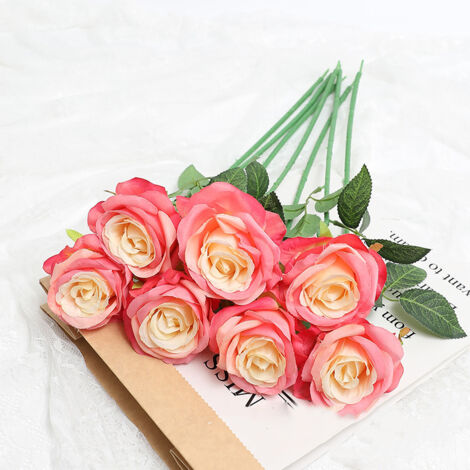 5pcs Fleurs Artificielles Roses Couleurs Vives Décoratives en Soie Durable Rose Jaune