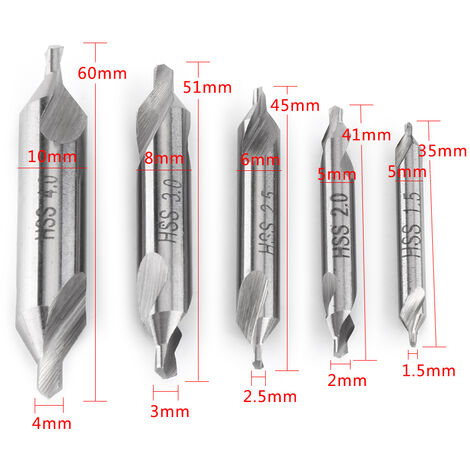 5pcs Foret à Centrer Foret à Deux Extrémités 60 Degrés 1.5/2.0/2.5/3.0/4.0mm