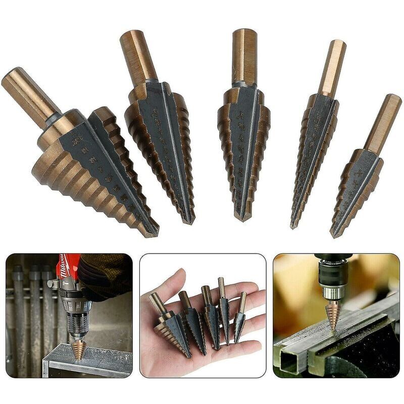 Vuszr - 5PCS Foret Étagé Métal, 5-35mm hss Titane Conique Triangle Métal Étape Fraise pour Acier, Bois, Laiton, Aluminium, pvc