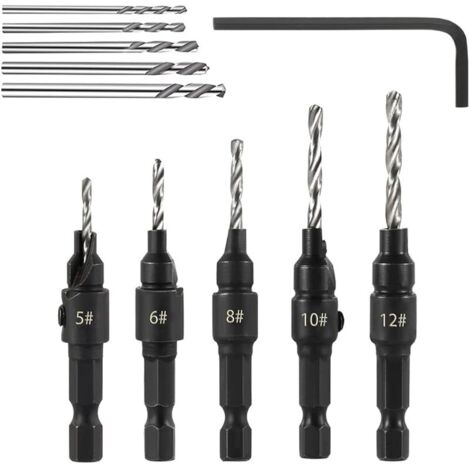 5pcs Forets Fraisés à Chanfreiner Réglable Fraise Bois 1/4" Changement Rapide Mèches à Fraiser Coffrets de Forets à Bois 5, 6, 8, 10, 12 pour le Travail du Bois et la Menuiserie