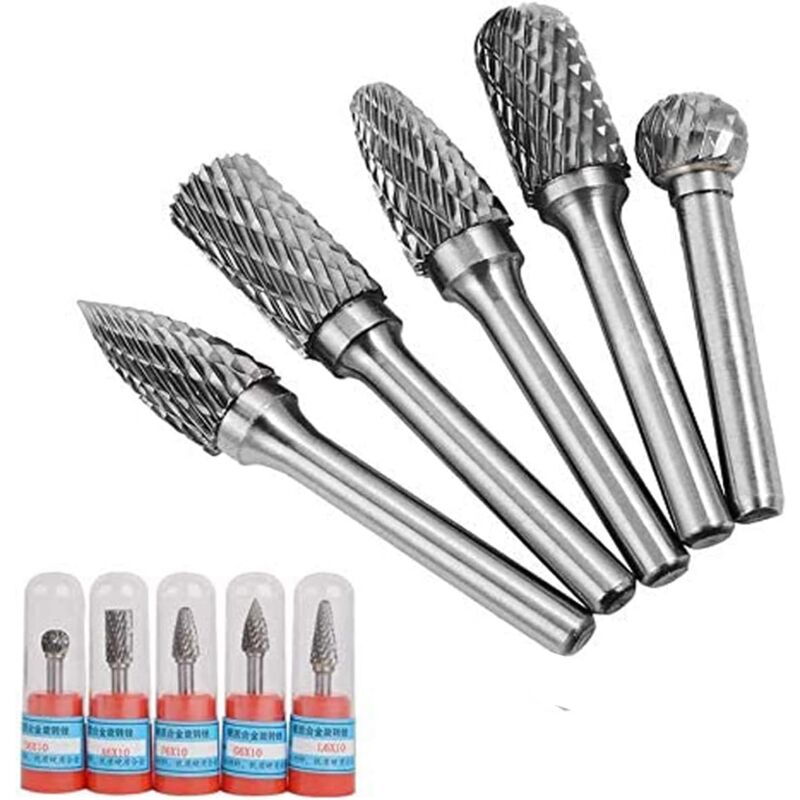 5PCS Fraises en Carbure de Tungstène Tige 6mm x 8mm Fraises Rotatives Double Coupe pour Sculpture sur Bois Métal Céramique Polissage Gravure
