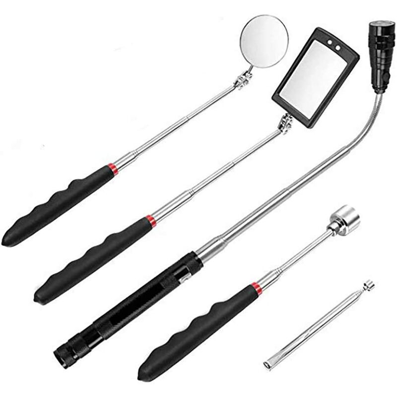 5Pcs Magnetic Gripping Tool, 1.5 / 20lb Magnetic Pickup Tool and Square / Round Inspection Mirror, With LED and Telescopic Handle 360 ​​° Rotate, Box