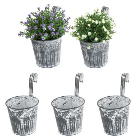 5pcs Pots de Fleurs à Suspendre en Fer Style Vinage avec Crochets Anses Seau de Plante pour Décoration Intérieur Extérieur de Maison Balcon Jardin Grille