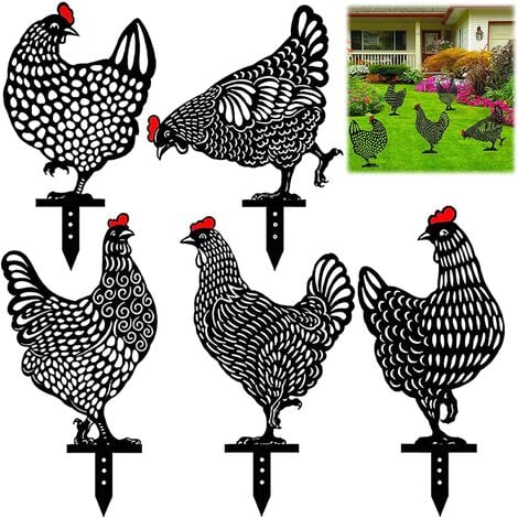 5Pcs Poulet du Jardin Décoration,Poule Réaliste,Art De La Cour De Poulet,Simulation Creuse Acrylique Jardin Décoratif De La Carte De Poulet Noir,Ornements de Pelouse Extérieure