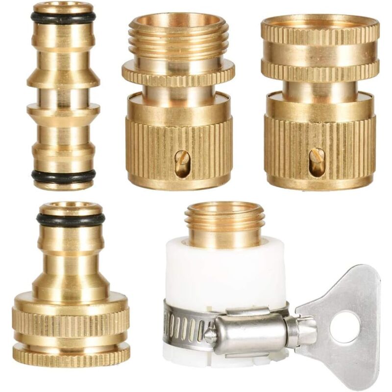 5PCS Raccord Tuyau d'arrosage en Laiton, Connecteur Robinet Tuyau de Jardin Raccord Robinet Tuyau Arrosage Laiton Connecteur de Robinet Fileté 1/2 et