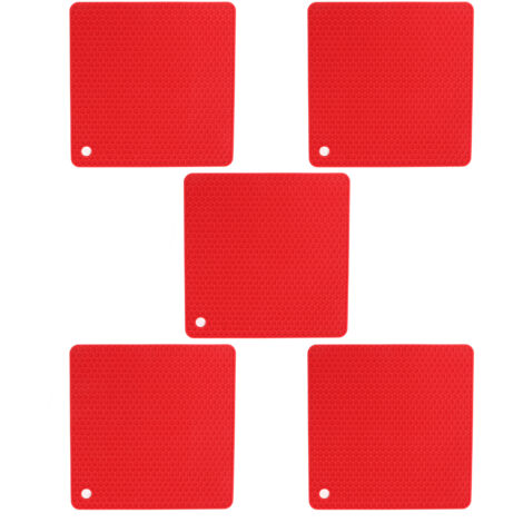 5pcs Silicone Pot Holders Mat Heat Resistant Anti Slip Square Honeycomb Trivet Mat Hot Pads for Kitchen Counter Red