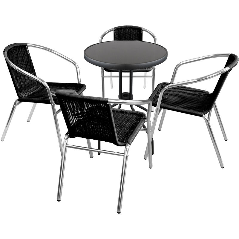 5tlg Balkon Bistro Sitzgruppe Glastisch O60cm Rund Schwarz 4 Stapelstuhle Polyrattan Silber Schwarz Balkon Garten Bistro Garnitur Balkonmobel Terrassenmobel Set 621808 4x79911