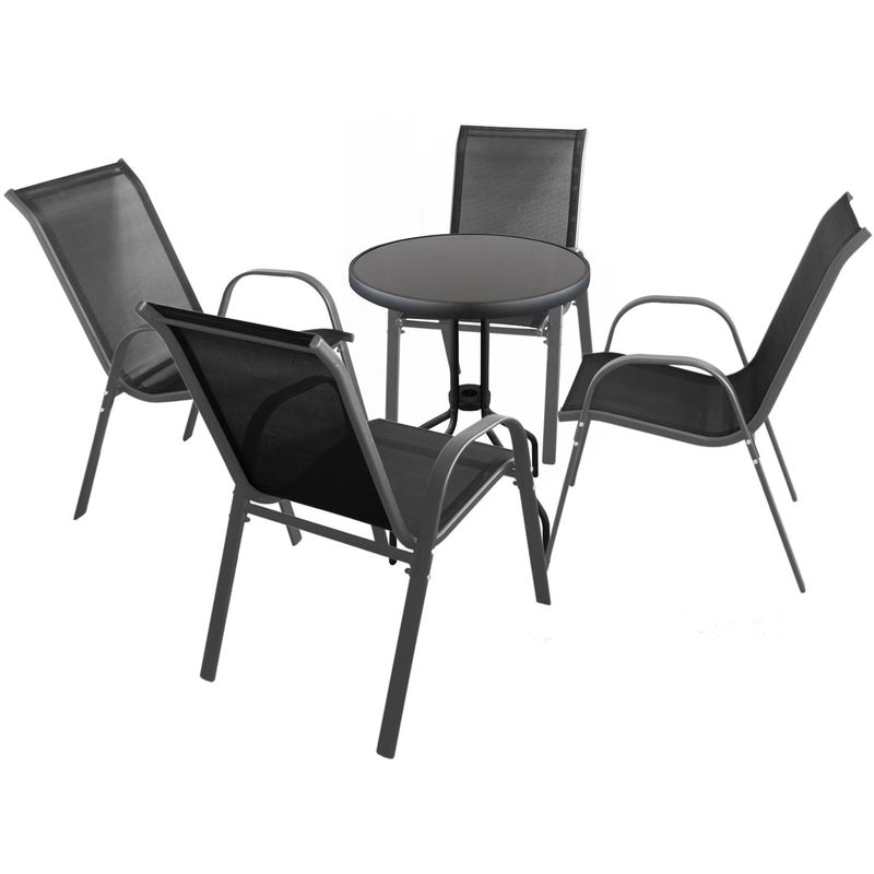 5tlg. Garten Sitzgruppe Glastisch Ø60cm rund Schwarz + 4 Stapelstühle mit Textilenbespannung Anthrazit/Schwarz Balkon Garten Bistro Garnitur