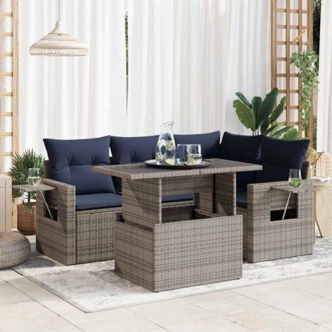 5tlg. Garten-Sofagarnitur mit Kissen Grau Poly Rattan Akazie vidaXL