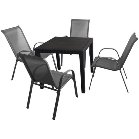5tlg. Sitzgruppe Gartentisch 79x79cm Schwarz + 4 stapelbare Stühle mit Textilenbespannung Anthrazit Terrasse Balkon Garten Garnitur Kunststoff Metall