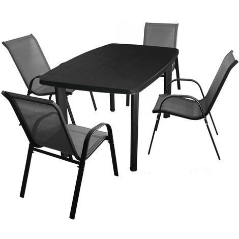 Sitzgarnitur Sitzgruppe Gartentisch 90x90cm 2x Stapelstuhl Textilen Grau/Schwarz 