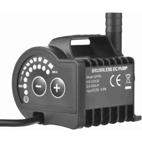 5V QR75L Mini-Tauchpumpe für Aquarium/Brunnen mit Saugnapfbasis, 8 einstellbaren Durchflussstufen und Förderhöhe bis zu 2,2 m, effizient und leise, Durchfluss bis zu 600 l/h, inkl. Filter, 2 m USB-Lad
