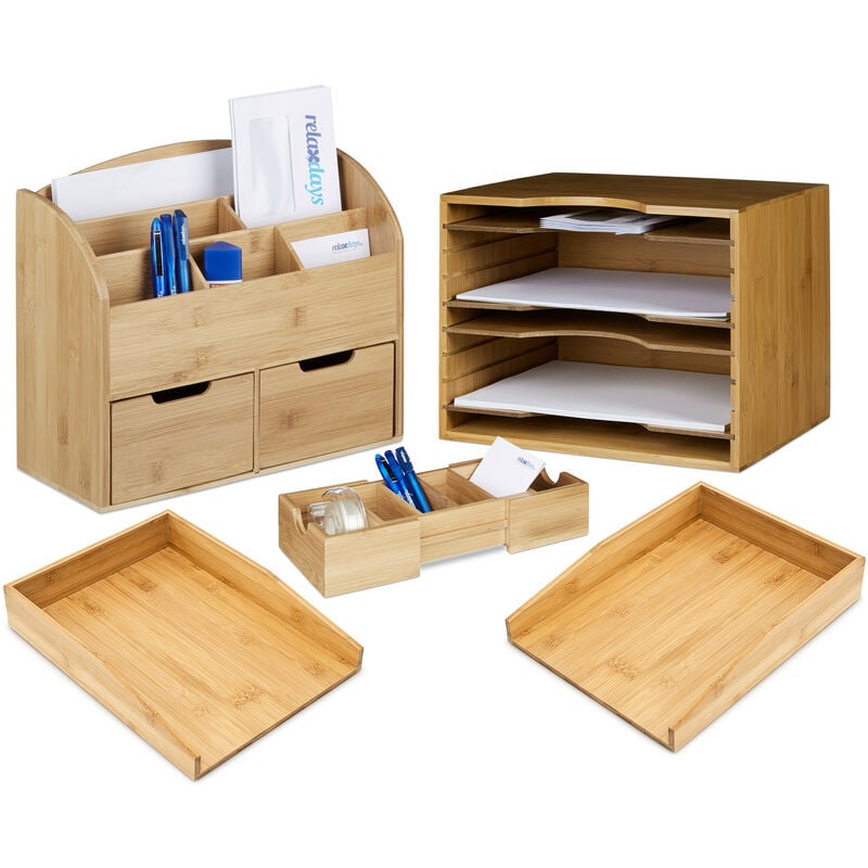 5-piece XXL bamboo desk set, 2 letter trays for A4, 2 organisers with compartments, business card organiser, natural