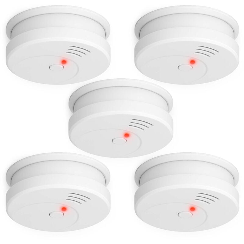 Xpotool - Wiltec Lot de 5x Détecteur de fumée – 100 x 100 x 36 mm – sur Batterie 9V – Volume de l'alarme 85 dB – Installation sans câble – conforme à