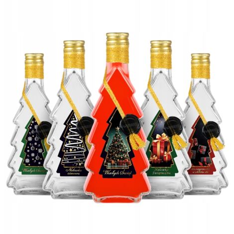 5x Glasflaschen mit Weihnachtsbaummotiv, 500 ml, verziert mit Weihnachtsgirlande