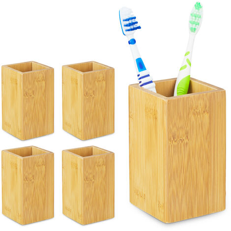 5x Gobelets de salle de bain, carrés, design naturel, brosse à dents, revêtement PU et bambou, 11x6,5x6,5 cm, nature