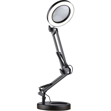 5X Magnifying Glass with Light and Base Stand LED Eye-Caring Light Magnifier Magnifying Desk Lamp Adjustable Metal Swivel Arm 3 Color Modes 10 Dimmable Brightness for Repair Reading Craft Workbench Learning,model:Black