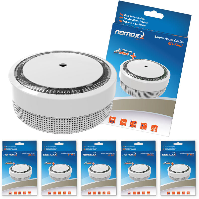 

5x Nemaxx Detector de humo M1-Mini sensibilidad fotoeléctrica - con batería de litio tipo DC3V - conforme la norma DIN EN14604 & Vds - blanco