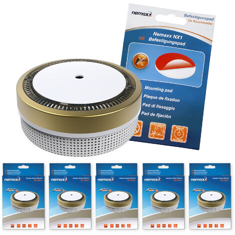 5x Nemaxx Detector de humo M1-Mini sensibilidad fotoeléctrica - con batería de litio tipo DC3V - conforme la norma DIN EN14604 & Vds - dorado + NX1 Pad de fijación
