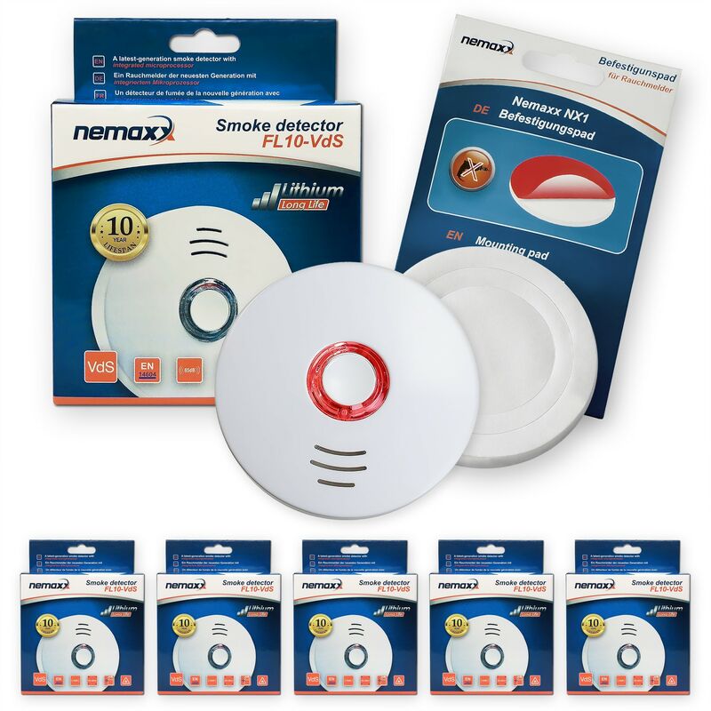 

5x Nemaxx FL10VdS - VDS Detector de humo/ Alarma + Pad de fijación - Vds certificado EN 14604 con pila de de lítio incluida de larga duración - 10