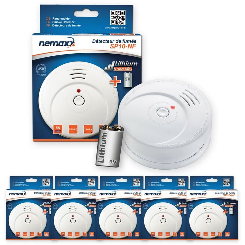 

5x Detector de humo Nemaxx SP fotoeléctrico según DIN EN14604 con batería de litio de 9V con 10 años de duración