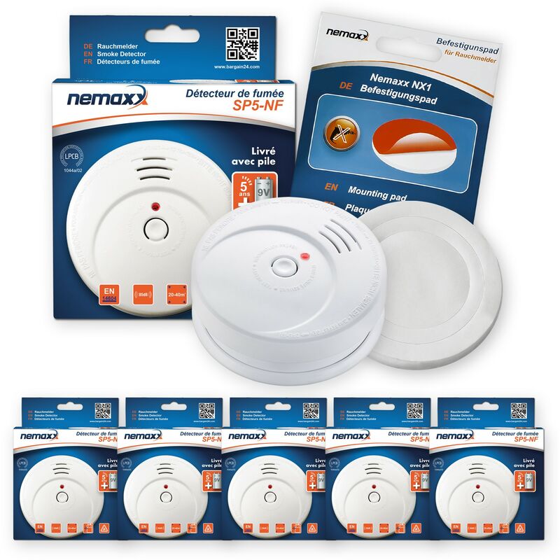 

5x Nemaxx SP5-NF Detector de humo de alta calidad con pila incluida de 9V - Blanco + NX1 Pad de fijación