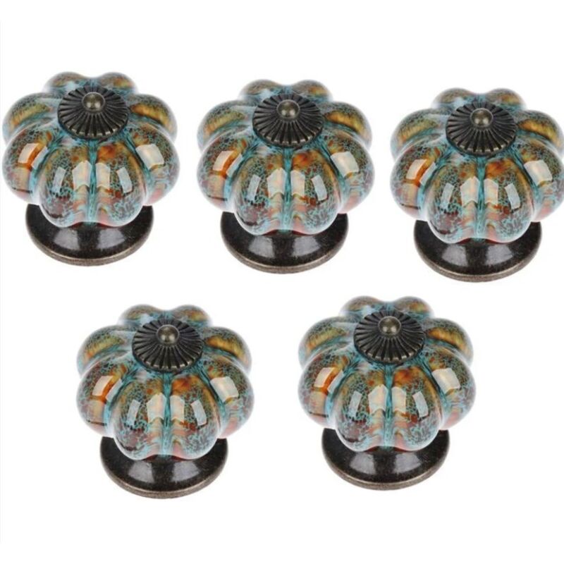 5x Poignée de Tiroir en Céramique Style Européen Boutons Meuble en Forme de Citrouille Vintage Bleu avec Vis