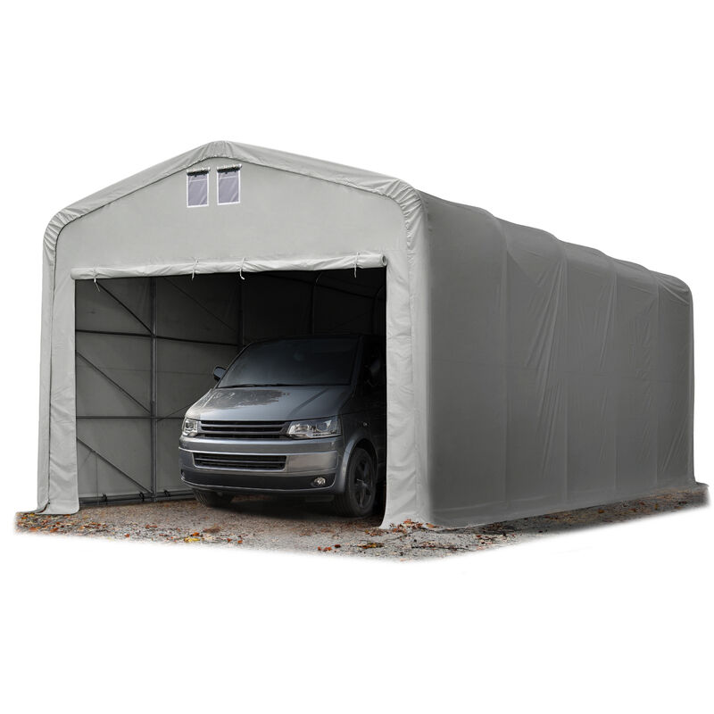 5x10m tente-garage de stockage, porte 4,1x3,5m, toile pvc d'env. 720 g/m², anti-feu - gris