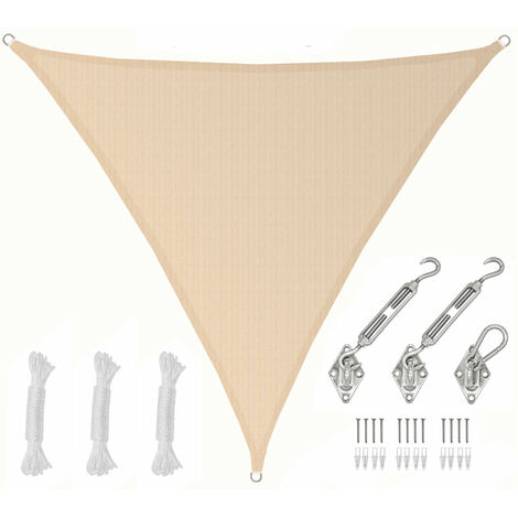 5x5x5 Voile d'Ombrage Triangulaire Respirante - Toile de Jardin UV avec Fixation - beige