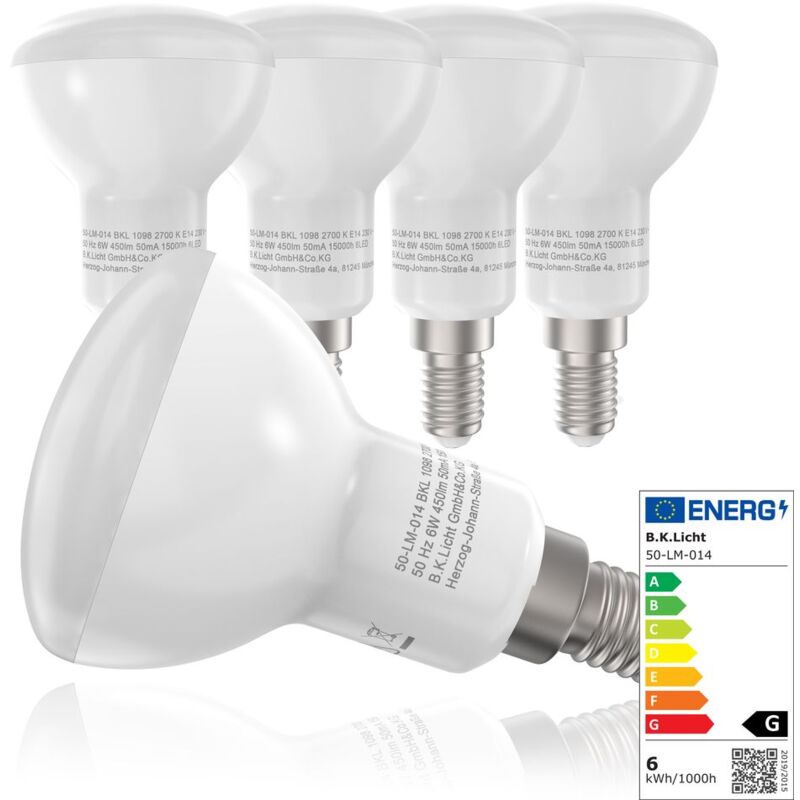 

5x6W Bombillas LED E14 Ø 50 mm IP20, Color de la luz blanco cálido 2700K 450lm, halógenos de 40W, 230V