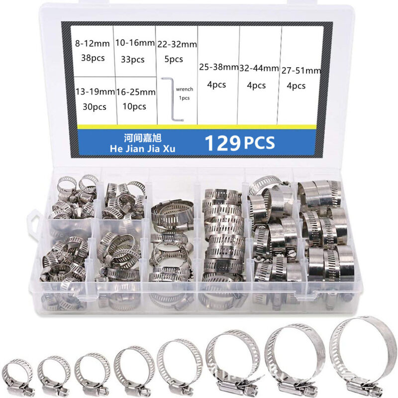 Gotrays - 6-12mm-27-51mm Stainless Steel Adjustable Hose Clamps Gas Hose Hoop 129PCS Box Set