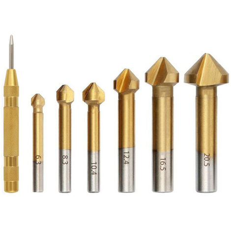 6+1PCS Fraise à Chanfreiner HSS 6542 Foret Conique 90° Fraise à Noyer Forets hélicoïdaux Fraise à Ébavurer Cylindrique pour Bois Métal PVC Machine-outil 6.3/8.3/10.4/12.4/16.5/20.5mm-dontodent