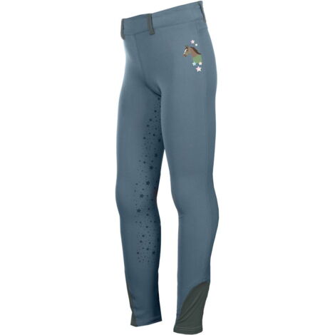 6/7 anni, azzurro fumo: Leggings per equitazione da bambina modello pony dream II con full grip e stampa stelle