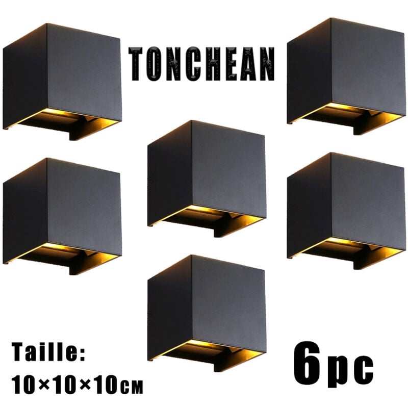 Tonchean - 6 Appliques Murales Carrées 12W led Lampe Murale avec Angle de Faisceau Réglable 3000K Éclairage Mural Étanche d'Extérieur en Noir Lampes