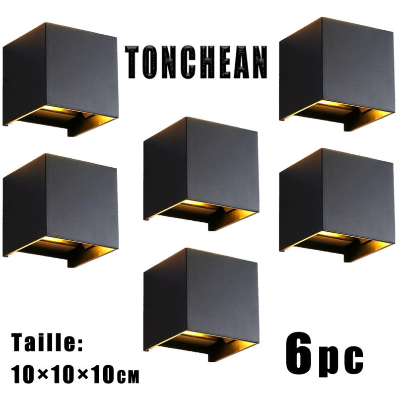 6 Appliques Murales Carrées 12W led Lampe Murale avec Angle de Faisceau Réglable 3000K Éclairage Mural Étanche d'Extérieur en Noir Lampes Murales